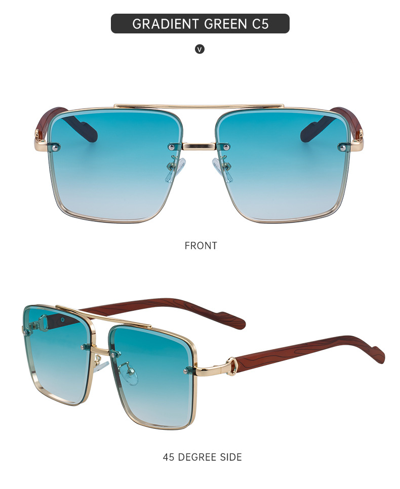 Black PC Men's Square Rimless Sunglasses - Faux Wood Temple Trendy Sun Glasses Wholesale - Details 26