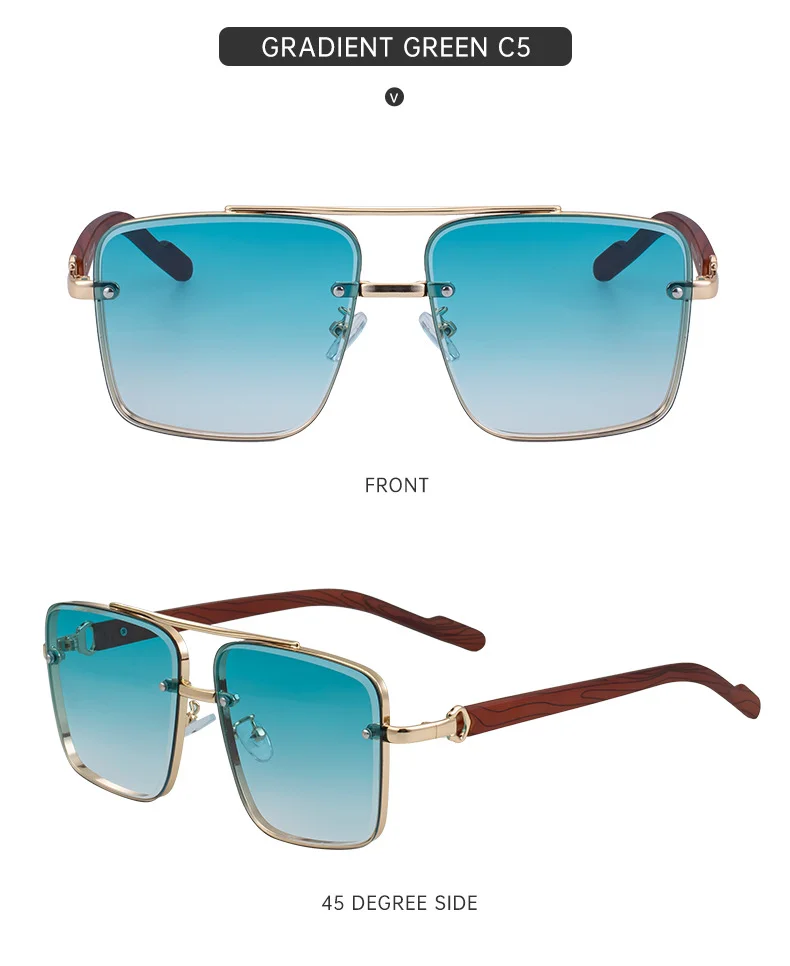 Black PC Men's Square Rimless Sunglasses - Faux Wood Temple Trendy Sun Glasses Wholesale - Details 26
