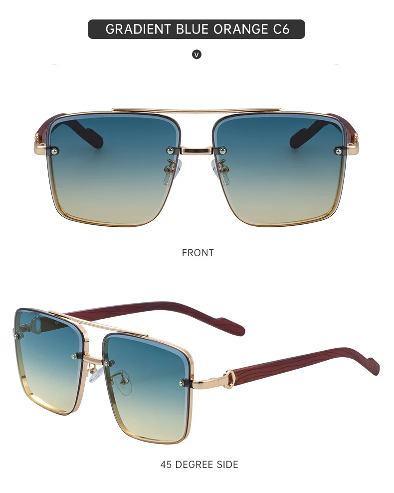 Black PC Men's Square Rimless Sunglasses - Faux Wood Temple Trendy Sun Glasses Wholesale - Details 27