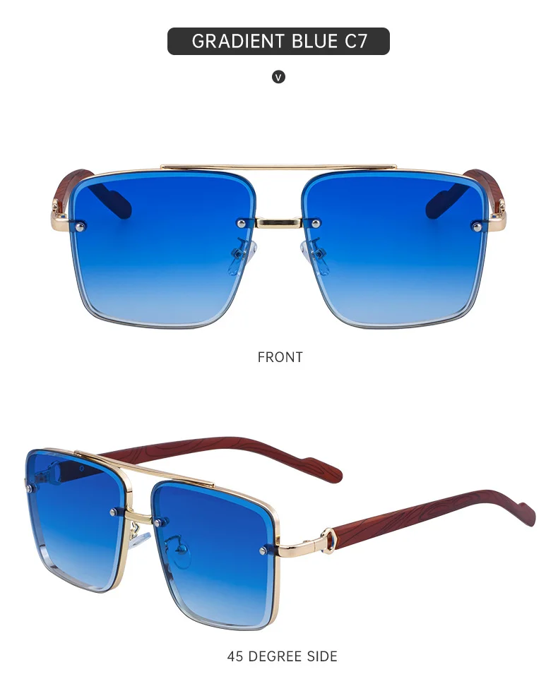 Black PC Men's Square Rimless Sunglasses - Faux Wood Temple Trendy Sun Glasses Wholesale - Details 28