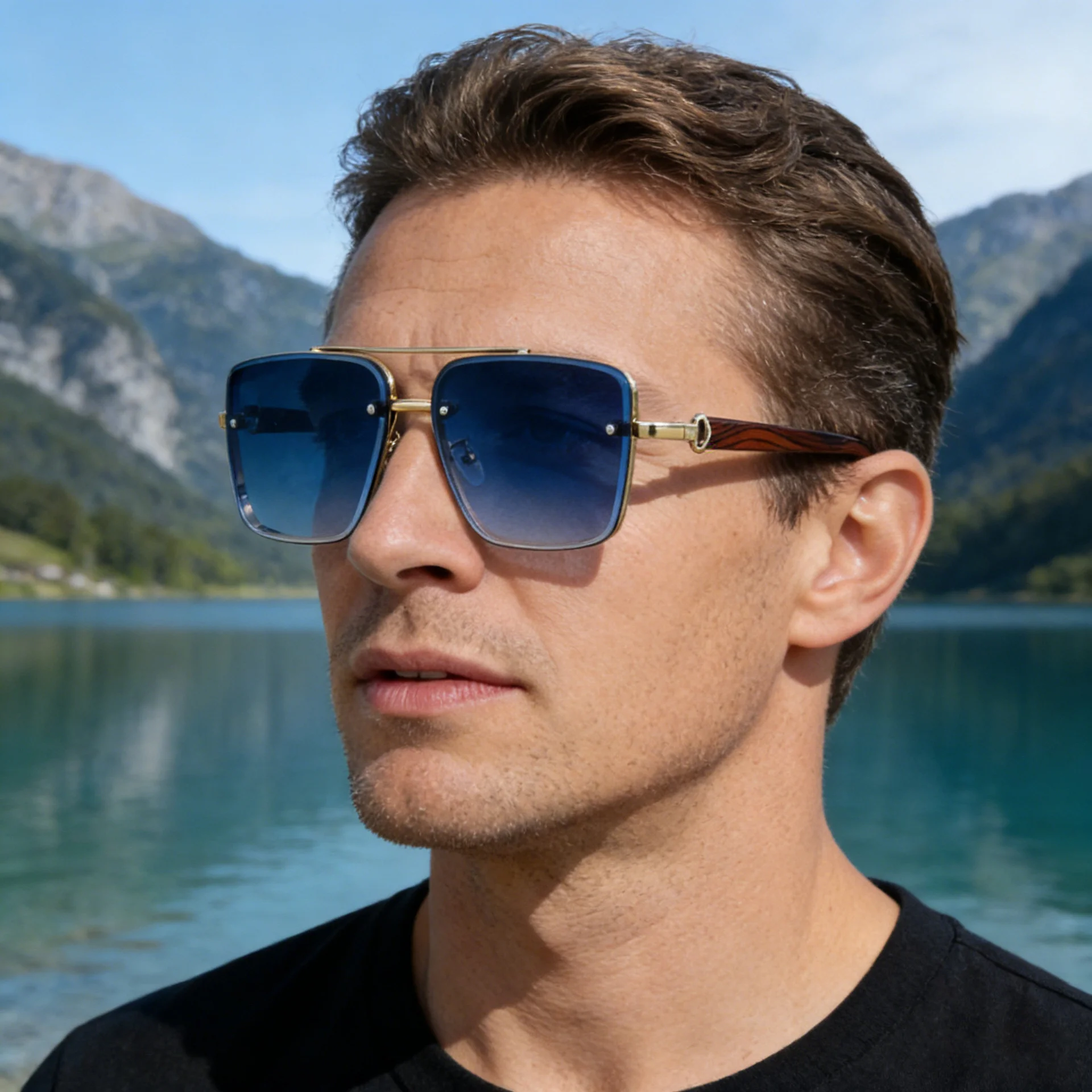 Black PC Men's Square Rimless Sunglasses - Faux Wood Temple Trendy Sun Glasses Wholesale - View 1