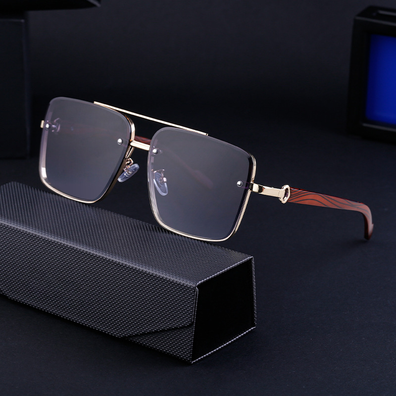 Black PC Men's Square Rimless Sunglasses - Faux Wood Temple Trendy Sun Glasses Wholesale - View 2