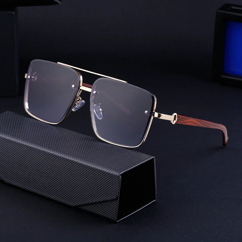 Black PC Men's Square Rimless Sunglasses - Faux Wood Temple Trendy Sun Glasses Wholesale - View 2