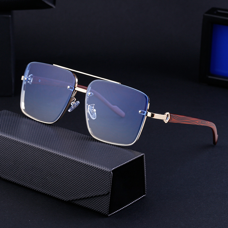 Black PC Men's Square Rimless Sunglasses - Faux Wood Temple Trendy Sun Glasses Wholesale - View 3