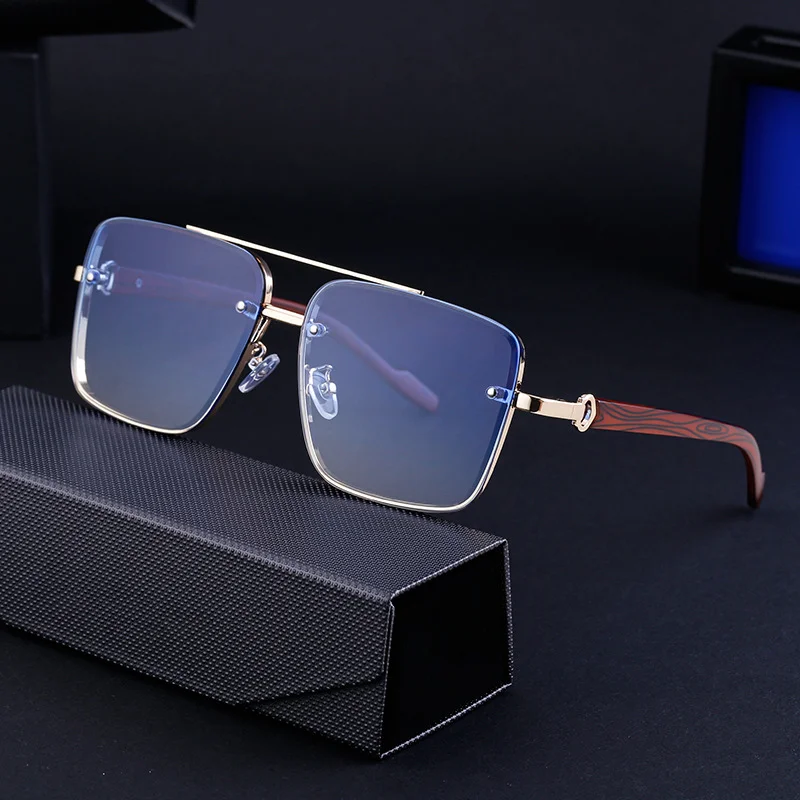 Black PC Men's Square Rimless Sunglasses - Faux Wood Temple Trendy Sun Glasses Wholesale - View 3