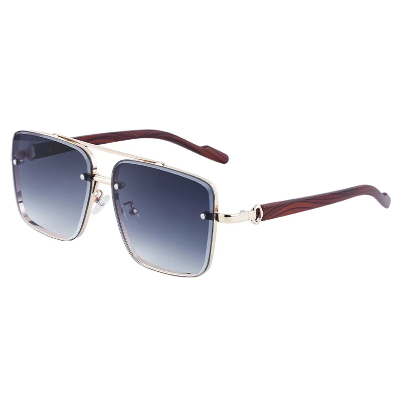 Black PC Men's Square Rimless Sunglasses - Faux Wood Temple Trendy Sun Glasses Wholesale - View 5