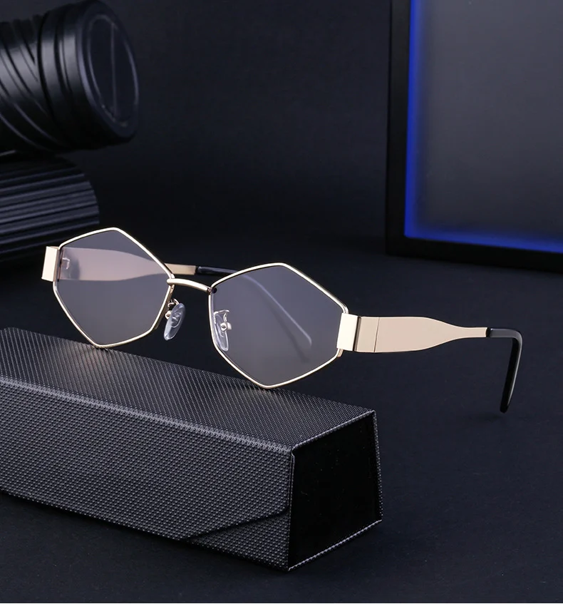 Black Metal Women's Fashion Irregular Metal Sunglasses - Trendy Wide Temple Personalized Shades Wholesale - Details 3