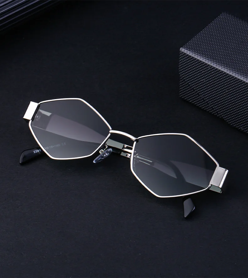 Black Metal Women's Fashion Irregular Metal Sunglasses - Trendy Wide Temple Personalized Shades Wholesale - Details 4