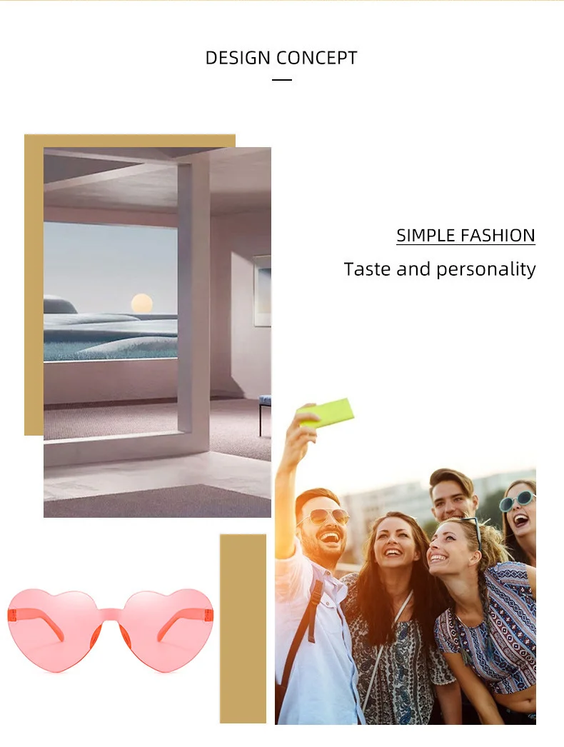 Jelly colors Frameless Heart-Shaped Sunglasses / $0.38 per pair (Wholesale Price) - Details 1