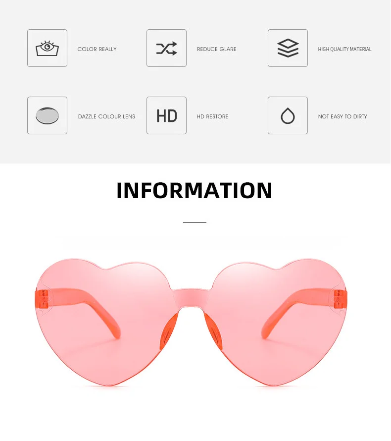 Jelly colors Frameless Heart-Shaped Sunglasses / $0.38 per pair (Wholesale Price) - Details 3