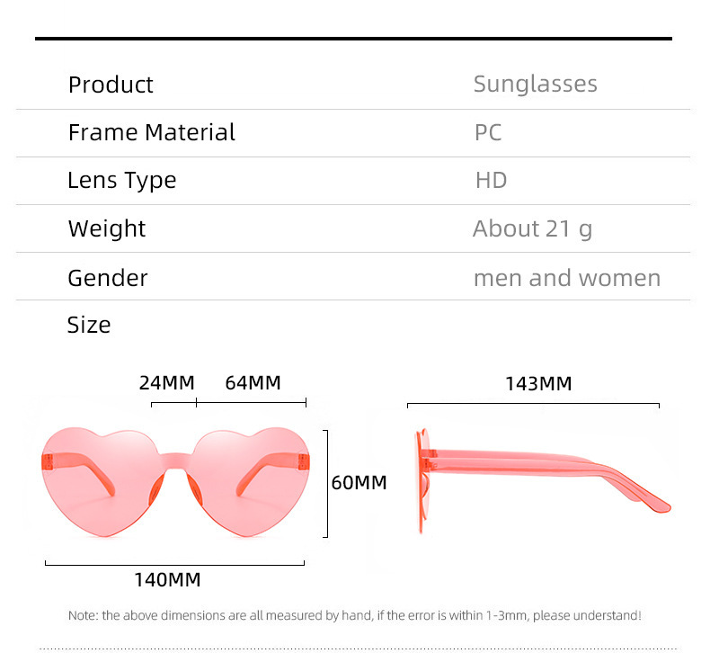 Jelly colors Frameless Heart-Shaped Sunglasses / $0.38 per pair (Wholesale Price) - Details 4