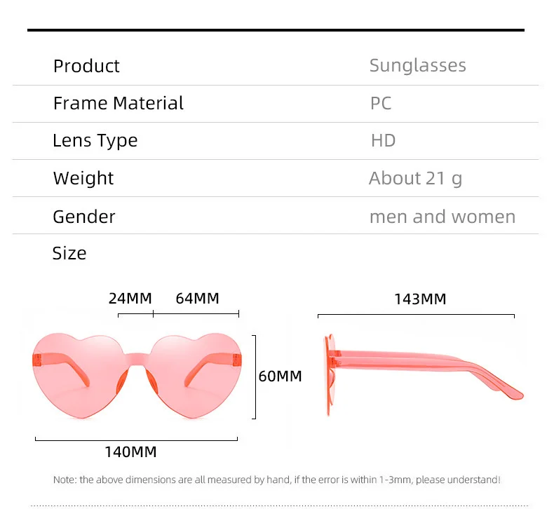 Jelly colors Frameless Heart-Shaped Sunglasses / $0.38 per pair (Wholesale Price) - Details 4