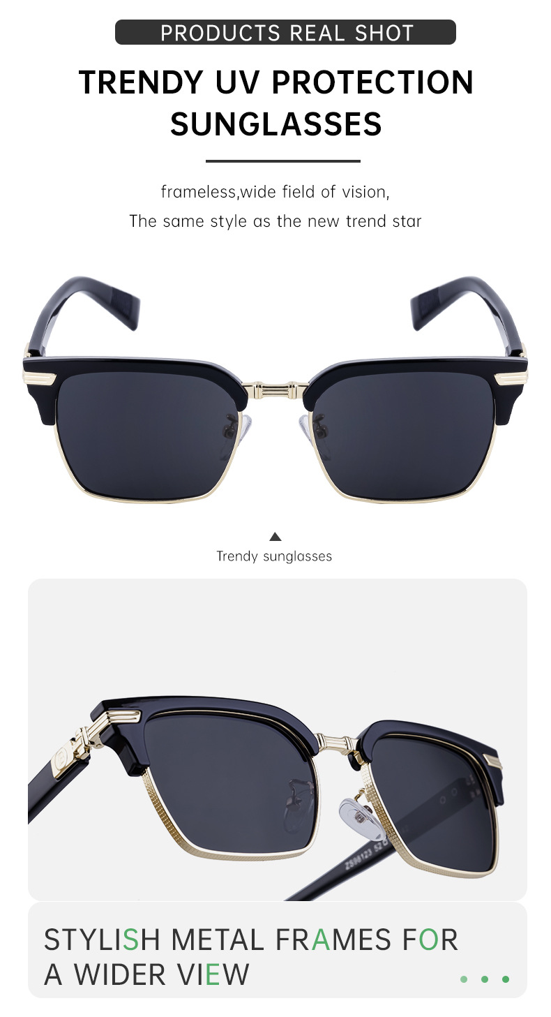 Black Metal Unisex Retro Browline Sunglasses - Polarized Square Clubmaster Sun Glasses - Details 11