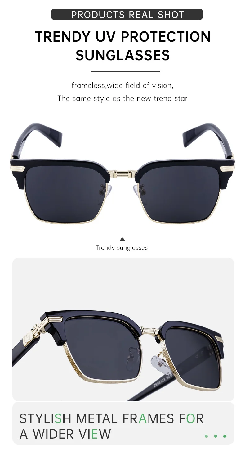 Black Metal Unisex Retro Browline Sunglasses - Polarized Square Clubmaster Sun Glasses - Details 11