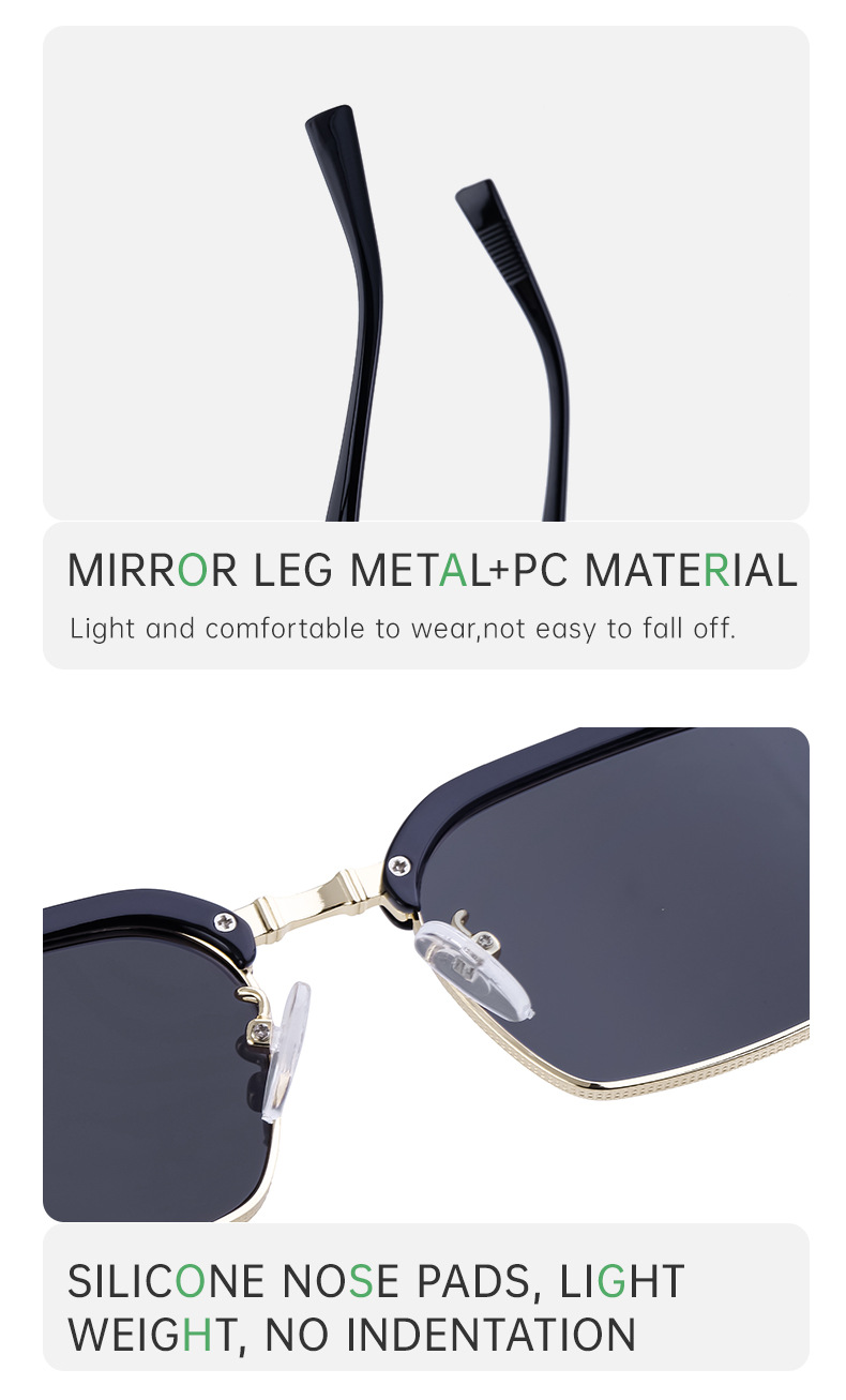 Black Metal Unisex Retro Browline Sunglasses - Polarized Square Clubmaster Sun Glasses - Details 12