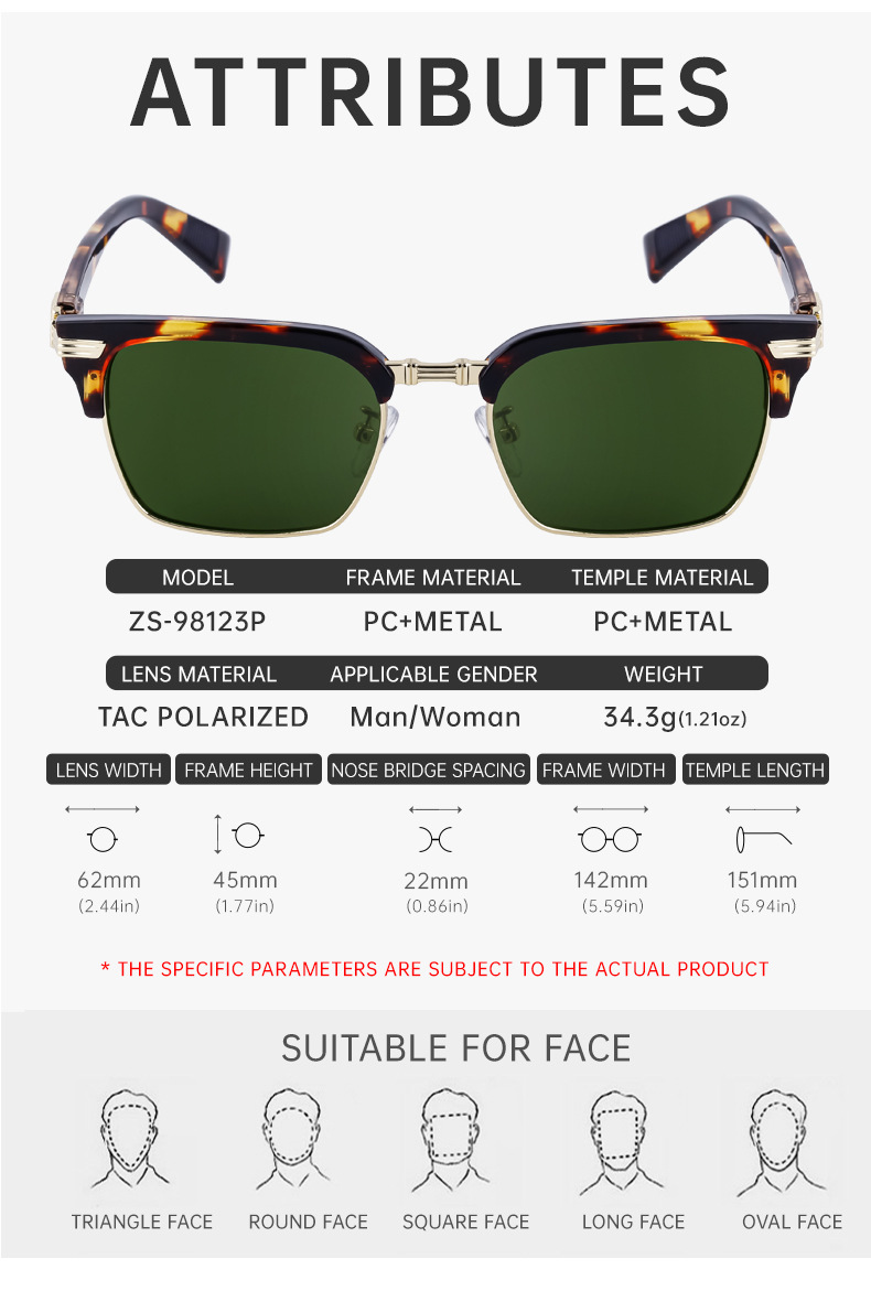 Black Metal Unisex Retro Browline Sunglasses - Polarized Square Clubmaster Sun Glasses - Details 15