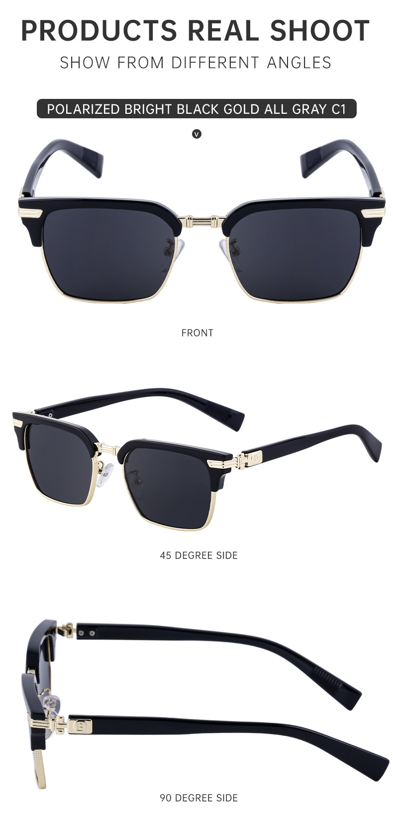 Black Metal Unisex Retro Browline Sunglasses - Polarized Square Clubmaster Sun Glasses - Details 16