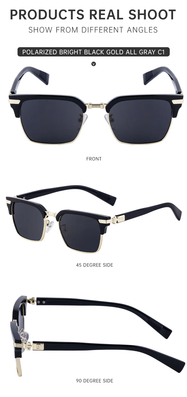 Black Metal Unisex Retro Browline Sunglasses - Polarized Square Clubmaster Sun Glasses - Details 16