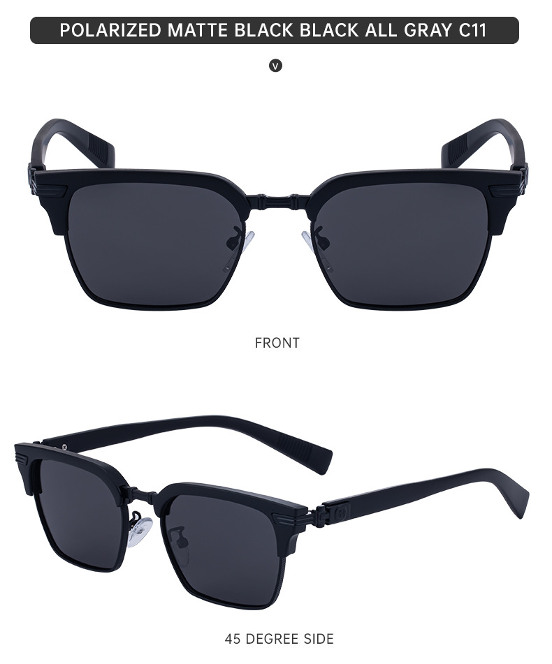 Black Metal Unisex Retro Browline Sunglasses - Polarized Square Clubmaster Sun Glasses - Details 22