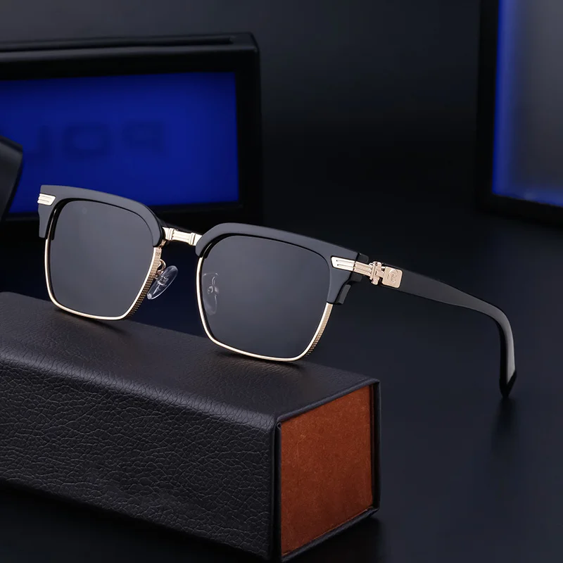 Black Metal Unisex Retro Browline Sunglasses - Polarized Square Clubmaster Sun Glasses - View 2