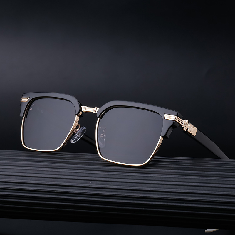 Black Metal Unisex Retro Browline Sunglasses - Polarized Square Clubmaster Sun Glasses - View 3