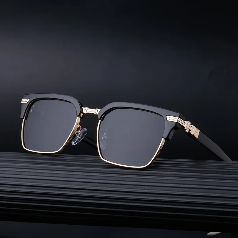 Black Metal Unisex Retro Browline Sunglasses - Polarized Square Clubmaster Sun Glasses - View 3