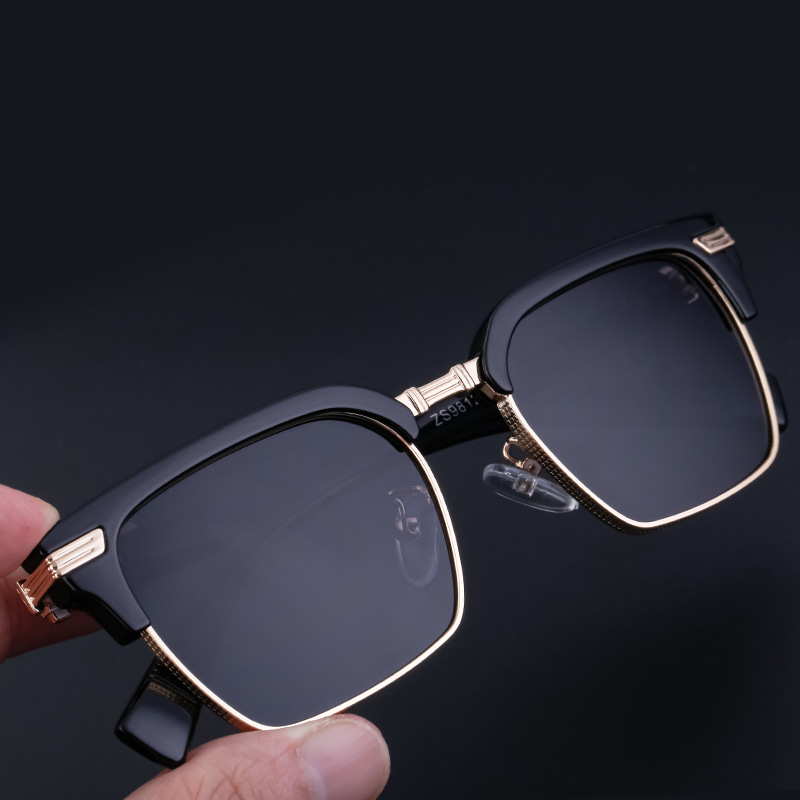 Black Metal Unisex Retro Browline Sunglasses - Polarized Square Clubmaster Sun Glasses - View 4