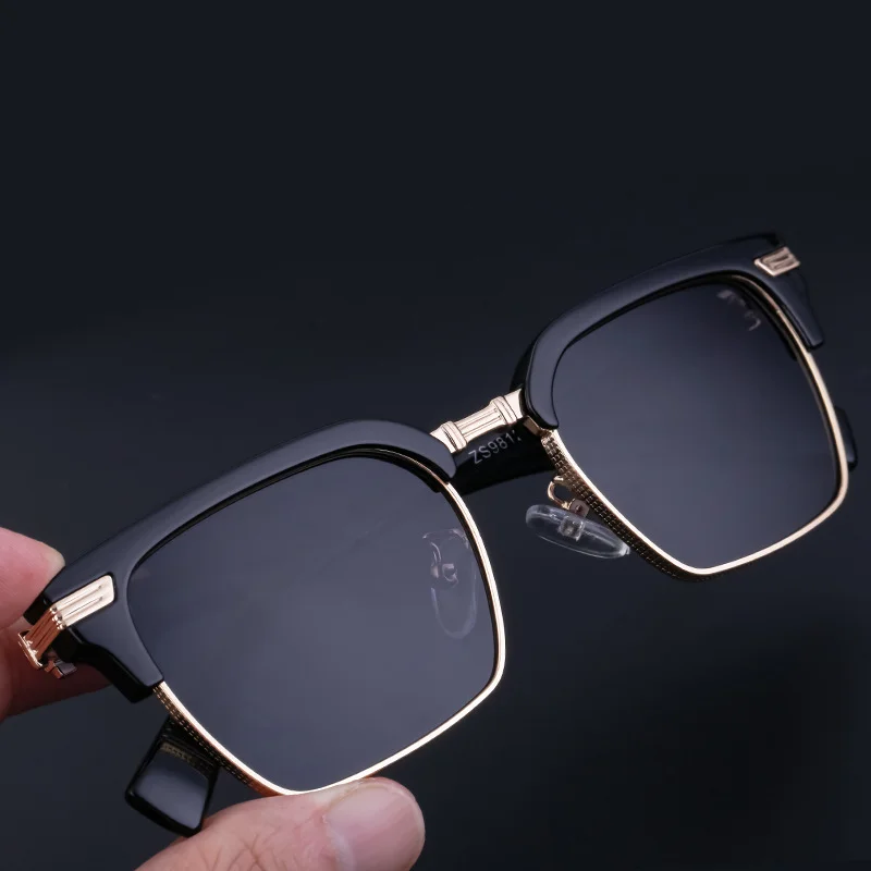 Black Metal Unisex Retro Browline Sunglasses - Polarized Square Clubmaster Sun Glasses - View 4