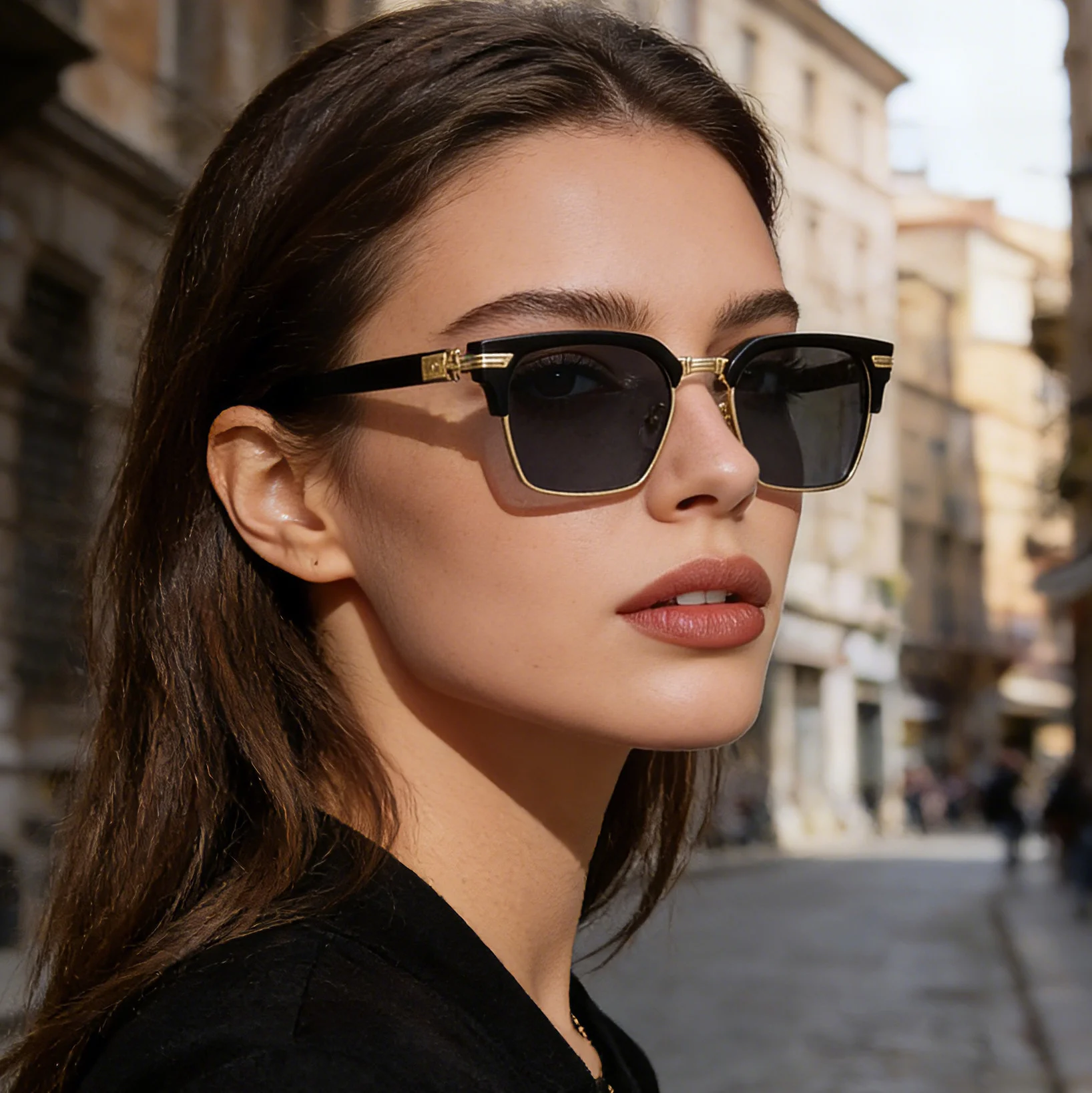 Black Metal Unisex Retro Browline Sunglasses - High-End Square Polarized Driving Glasses - Details 2