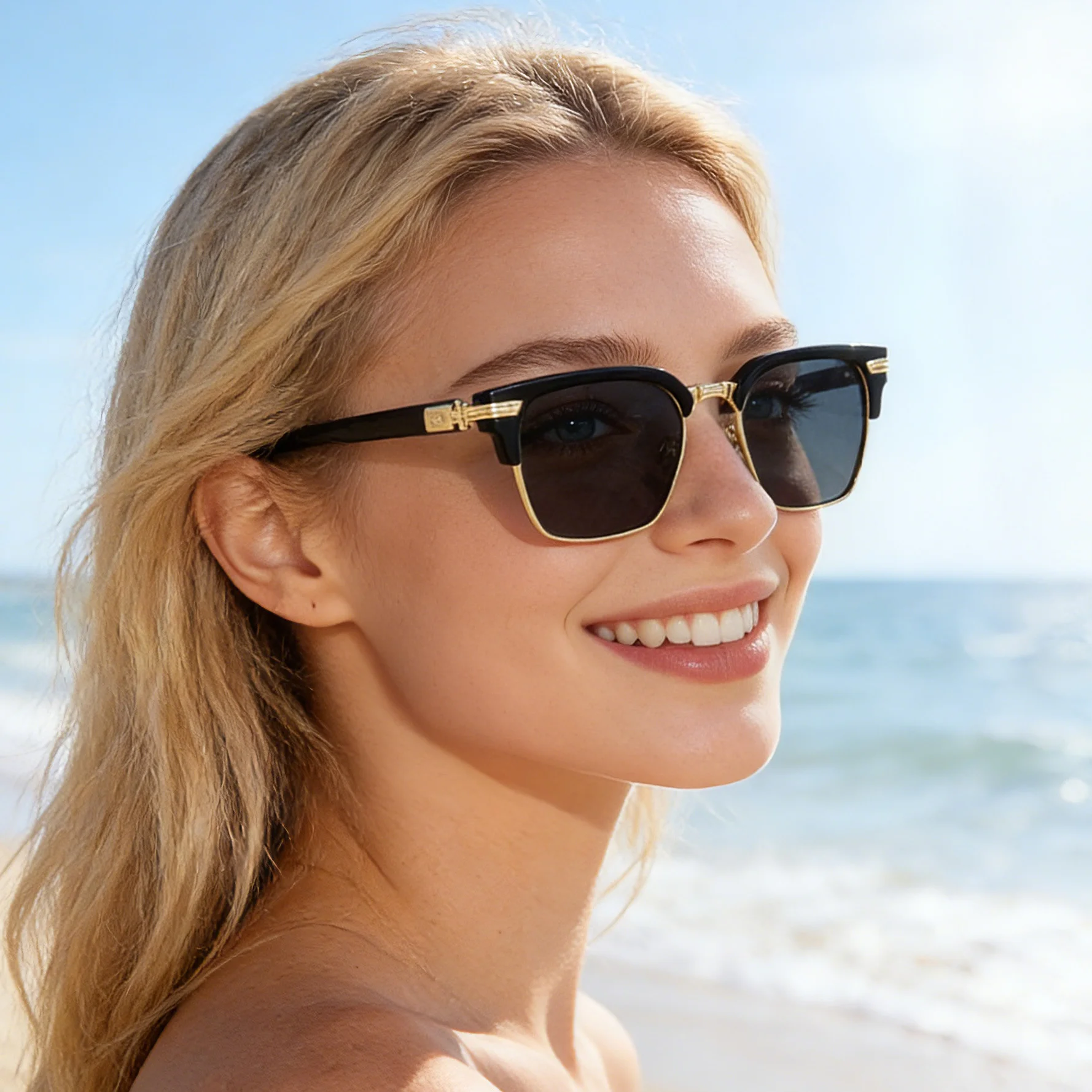 Black Metal Unisex Retro Browline Sunglasses - High-End Square Polarized Driving Glasses - Details 3