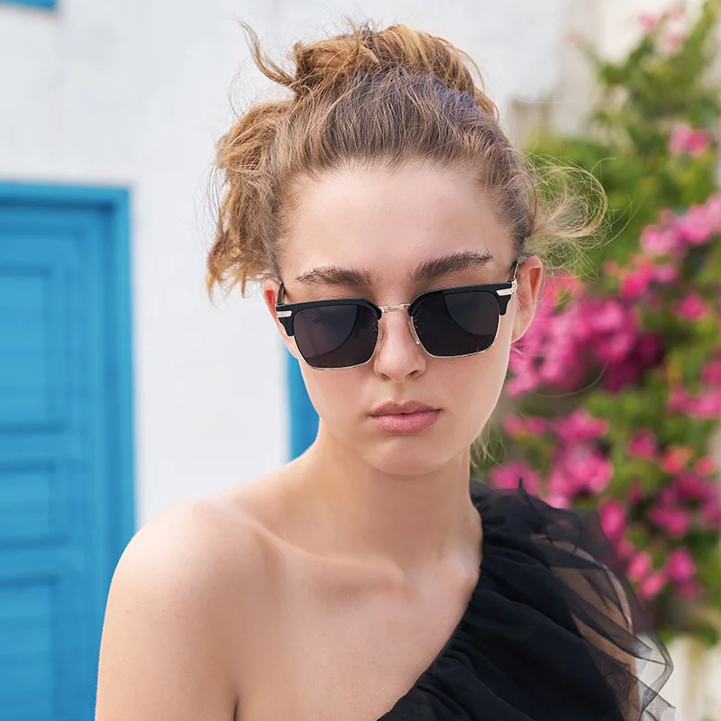 Black Metal Unisex Retro Browline Sunglasses - High-End Square Polarized Driving Glasses - Details 4