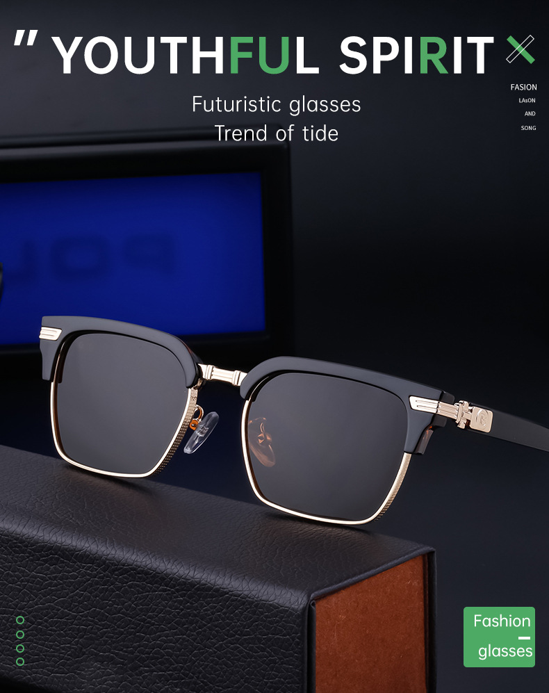 Black Metal Unisex Retro Browline Sunglasses - High-End Square Polarized Driving Glasses - Details 7