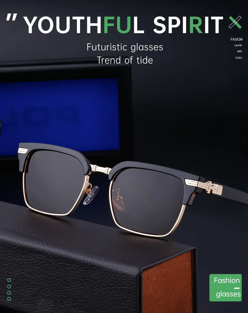 Black Metal Unisex Retro Browline Sunglasses - High-End Square Polarized Driving Glasses - Details 7