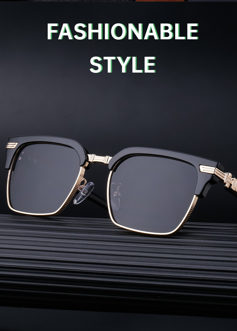 Black Metal Unisex Retro Browline Sunglasses - High-End Square Polarized Driving Glasses - Details 8