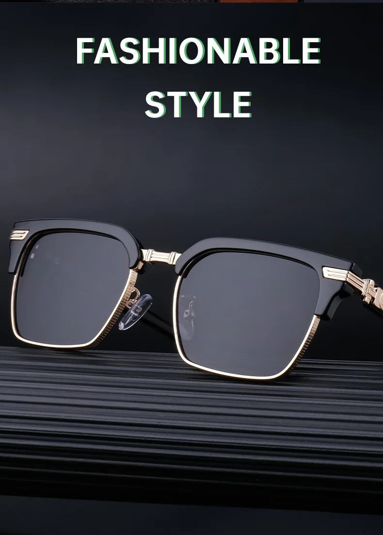 Black Metal Unisex Retro Browline Sunglasses - High-End Square Polarized Driving Glasses - Details 8