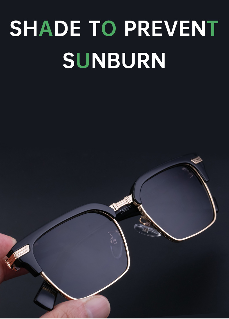 Black Metal Unisex Retro Browline Sunglasses - High-End Square Polarized Driving Glasses - Details 9