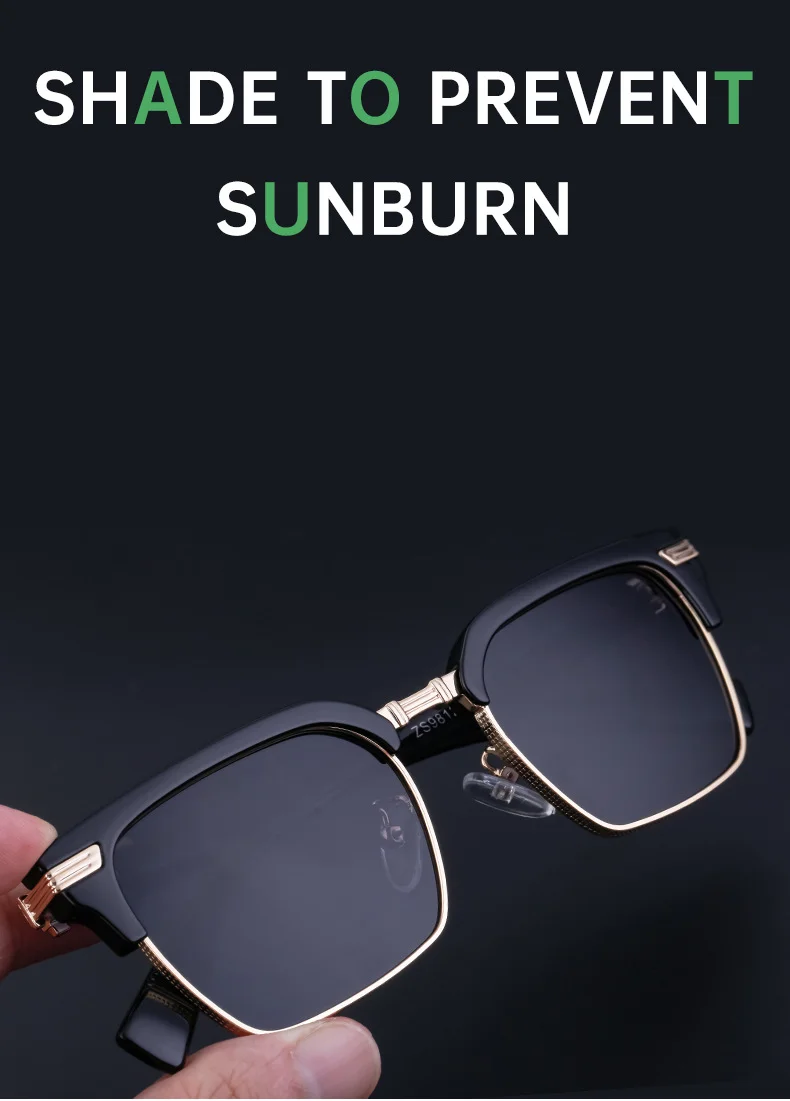 Black Metal Unisex Retro Browline Sunglasses - High-End Square Polarized Driving Glasses - Details 9