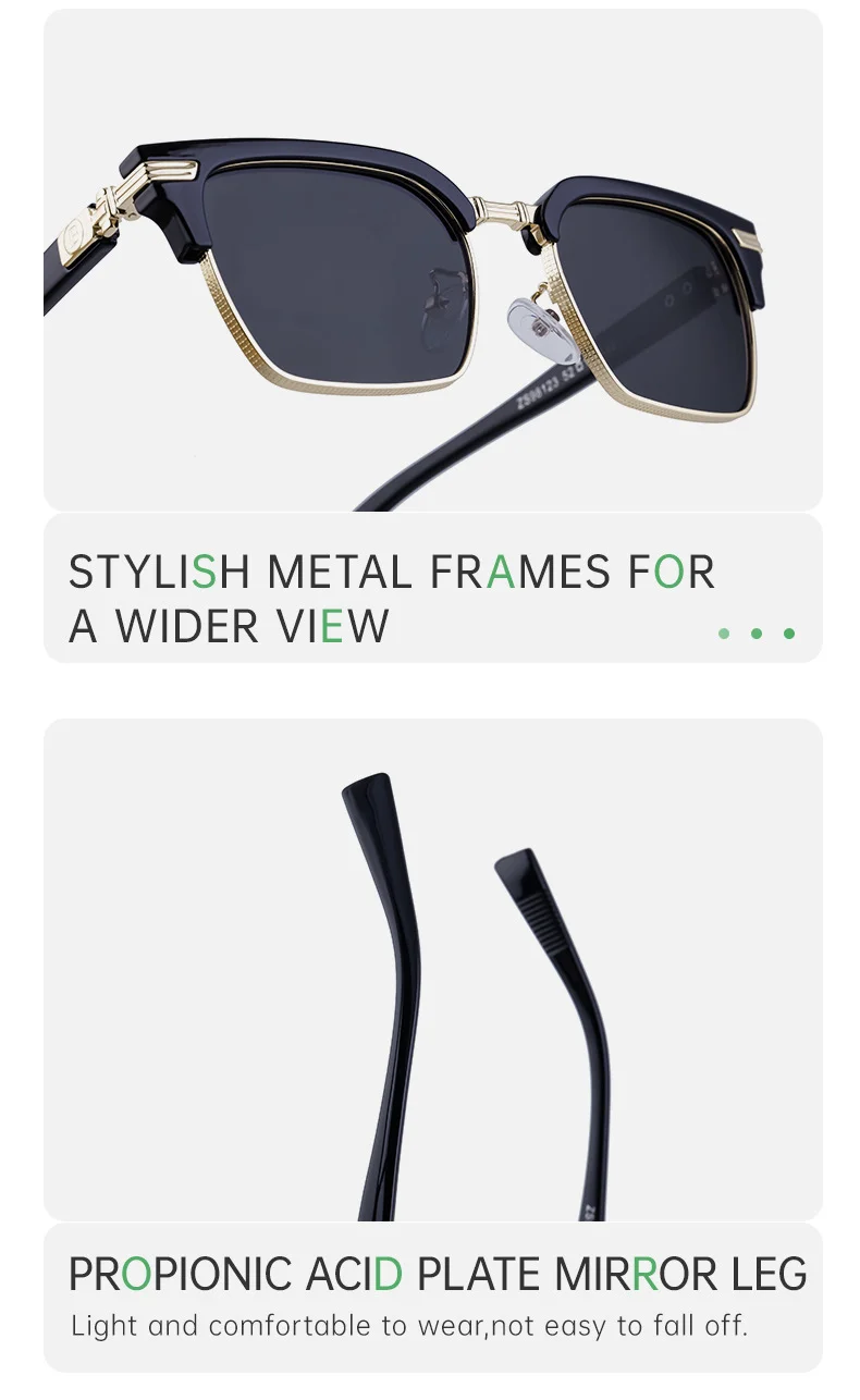 Black Metal Unisex Retro Browline Sunglasses - High-End Square Polarized Driving Glasses - Details 13