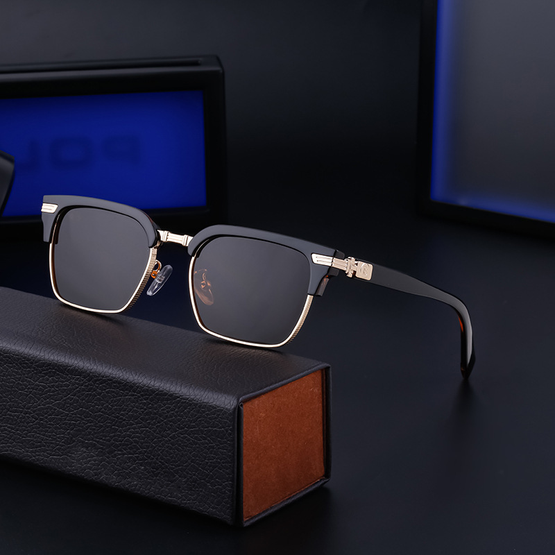 Black Metal Unisex Retro Browline Sunglasses - High-End Square Polarized Driving Glasses - View 3