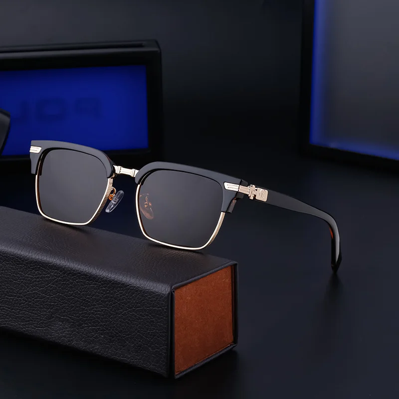 Black Metal Unisex Retro Browline Sunglasses - High-End Square Polarized Driving Glasses - View 3