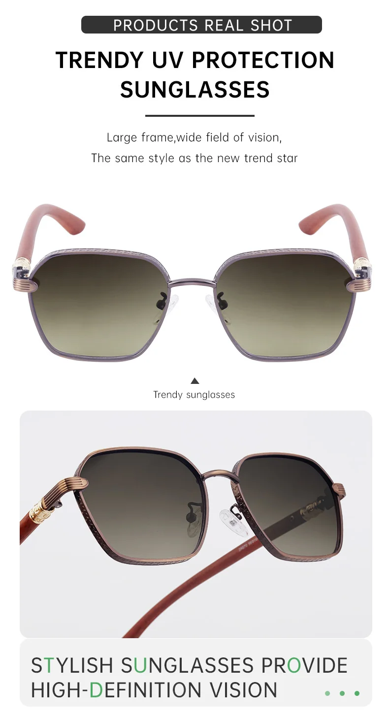 Black Metal Retro Faux Wood Sunglasses - High-End Square Frame Polarized Driving Shades Wholesale - Details 13