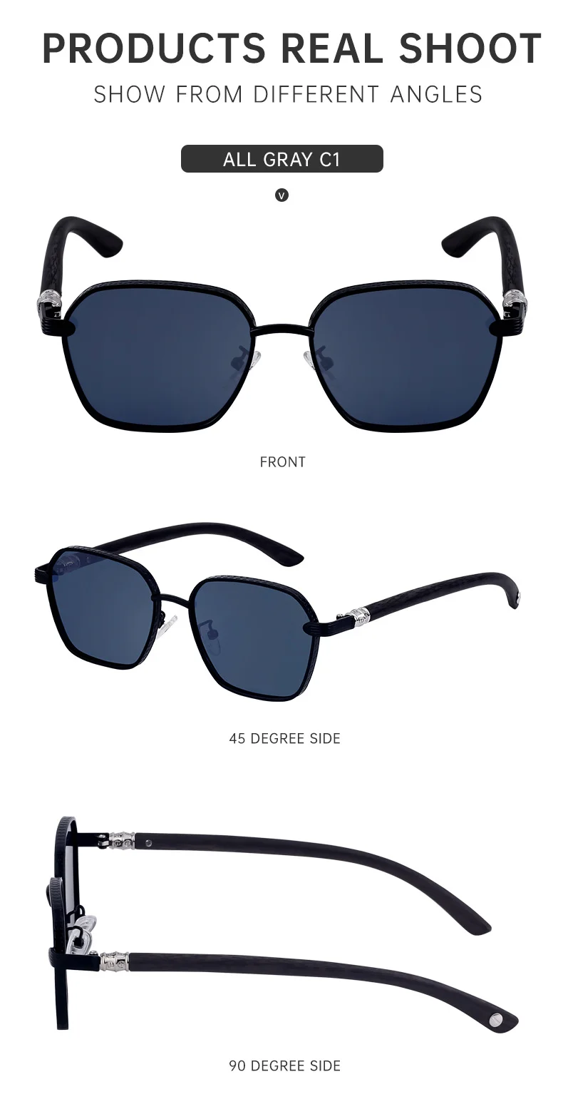 Black Metal Retro Faux Wood Sunglasses - High-End Square Frame Polarized Driving Shades Wholesale - Details 18