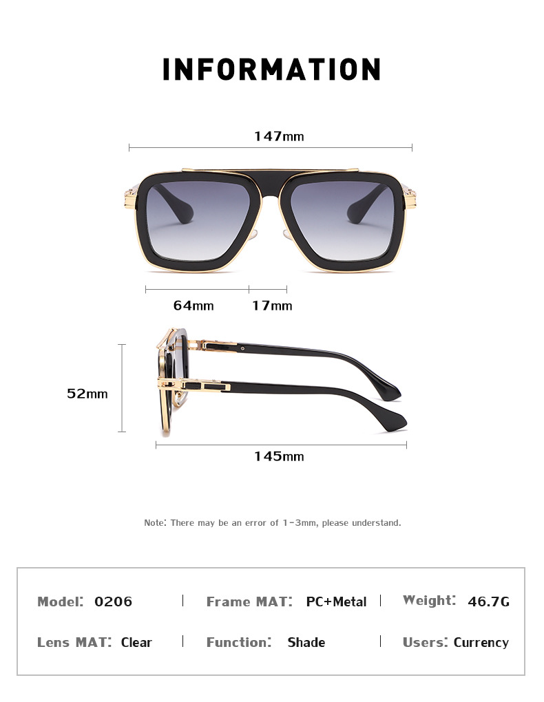 Black PC Unisex Retro Square Sunglasses - Punk Style Trendy Social Media Famous Shades - Details 33