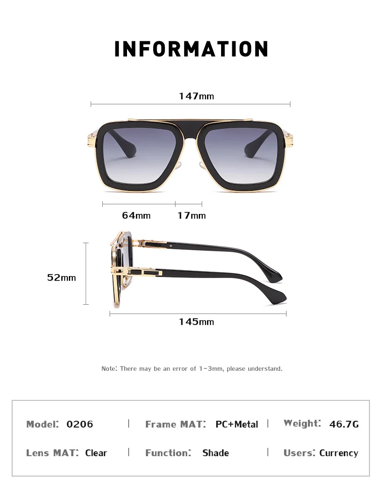 Black PC Unisex Retro Square Sunglasses - Punk Style Trendy Social Media Famous Shades - Details 33
