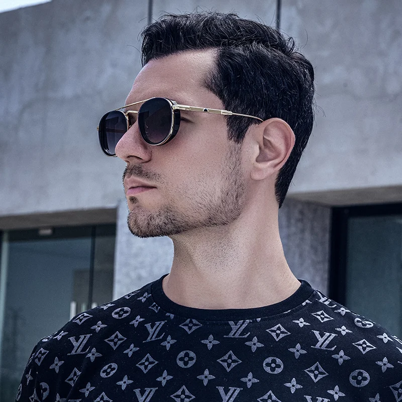 Black Metal Retro Oval Sunglasses - Vintage Small Frame Side Shield Shades - Details 1