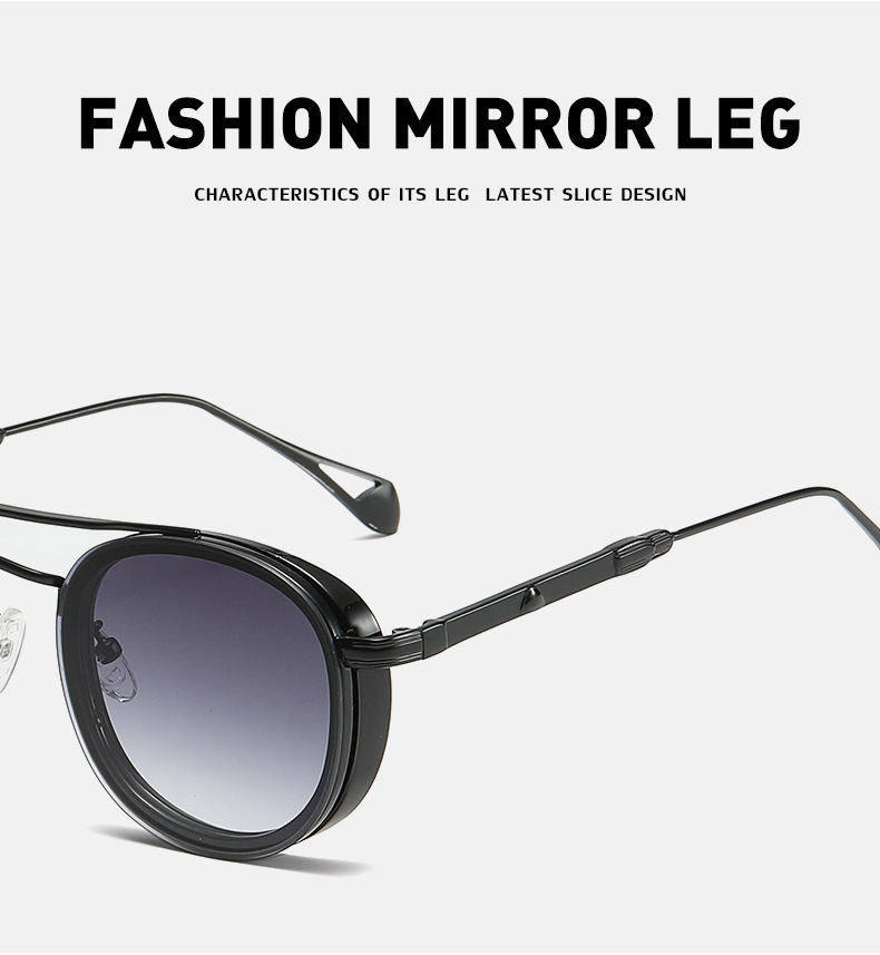 Black Metal Retro Oval Sunglasses - Vintage Small Frame Side Shield Shades - Details 7