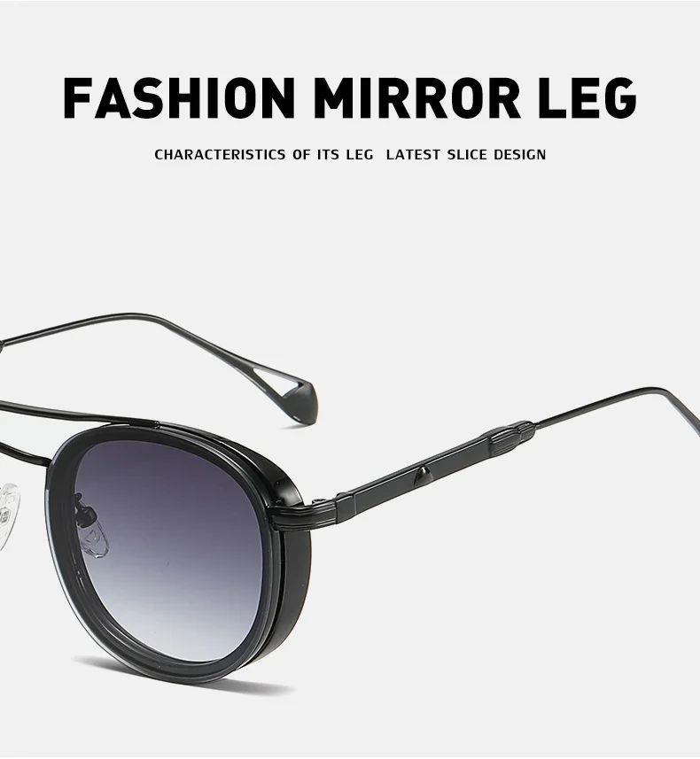 Black Metal Retro Oval Sunglasses - Vintage Small Frame Side Shield Shades - Details 7