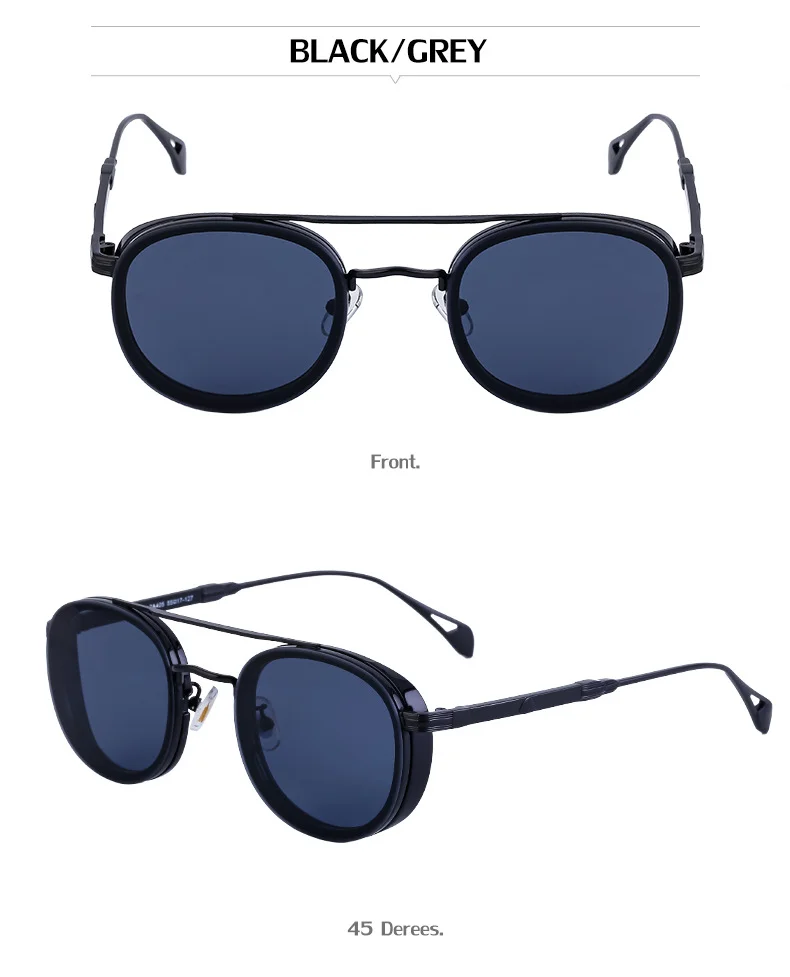 Black Metal Retro Oval Sunglasses - Vintage Small Frame Side Shield Shades - Details 13