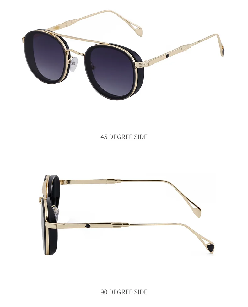 Black Metal Retro Oval Sunglasses - Vintage Small Frame Side Shield Shades - Details 22