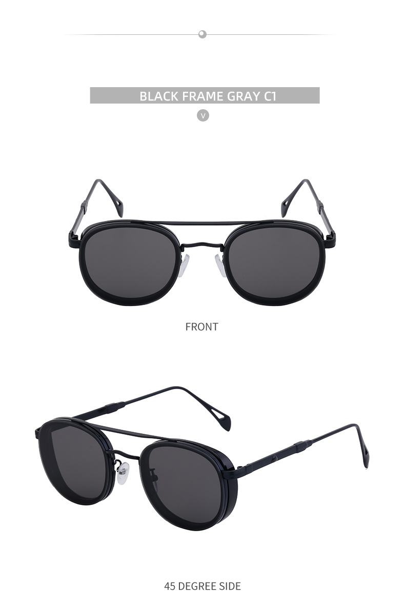 Black Metal Retro Oval Sunglasses - Vintage Small Frame Side Shield Shades - Details 23